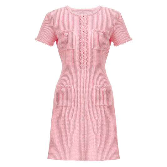 Gabrielle Frayed Trim Waffle-knit Mini Dress