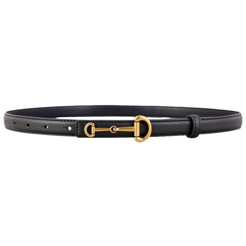 Victoria Horseshoe Buckle Belt with polished horseshoe-shaped buckle and sleek leather strap.