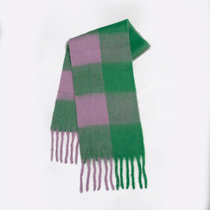 Plaid Scarf - Women's Oversized Plaid Fringed Two-Tone Chunky Scarf