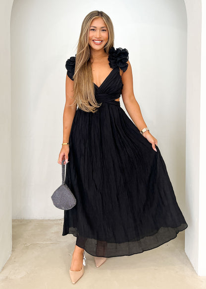 Wedding Guest Maxi Dress - Womens Lace Back V Neck Ruffle Maxi Dress