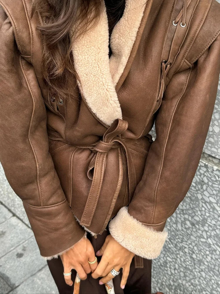 Shearling Jacket - Women’s Faux Leather Belted Shearling Jacket