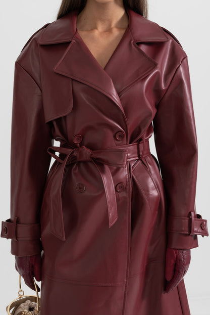 Faux Leather Trench Coat - Women’s Belted Double-Breasted Faux Leather Coat