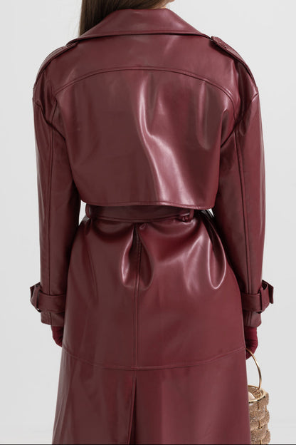 Faux Leather Trench Coat - Women’s Belted Double-Breasted Faux Leather Coat