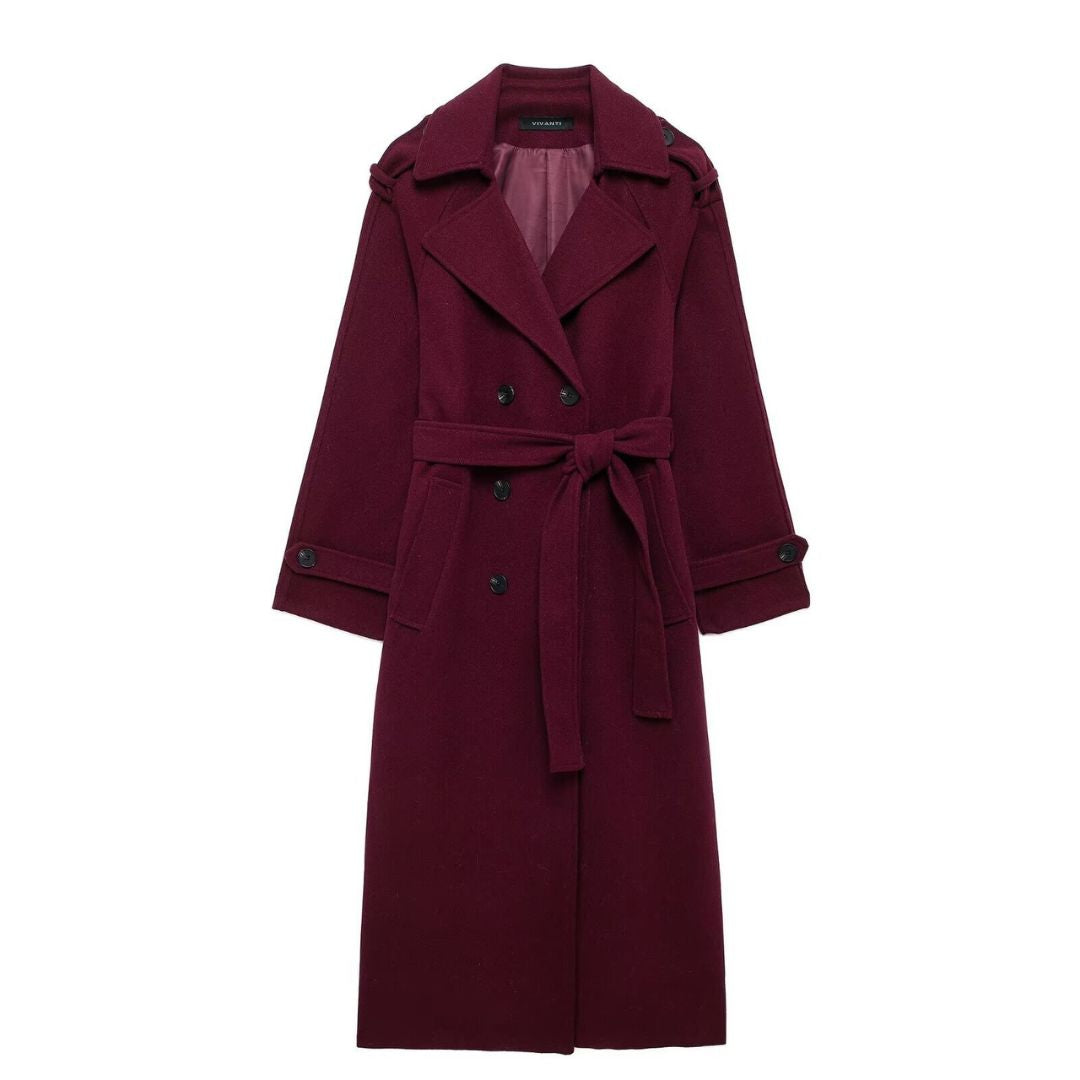 Womens burgundy wool coat with double-breasted front and fabric belt.