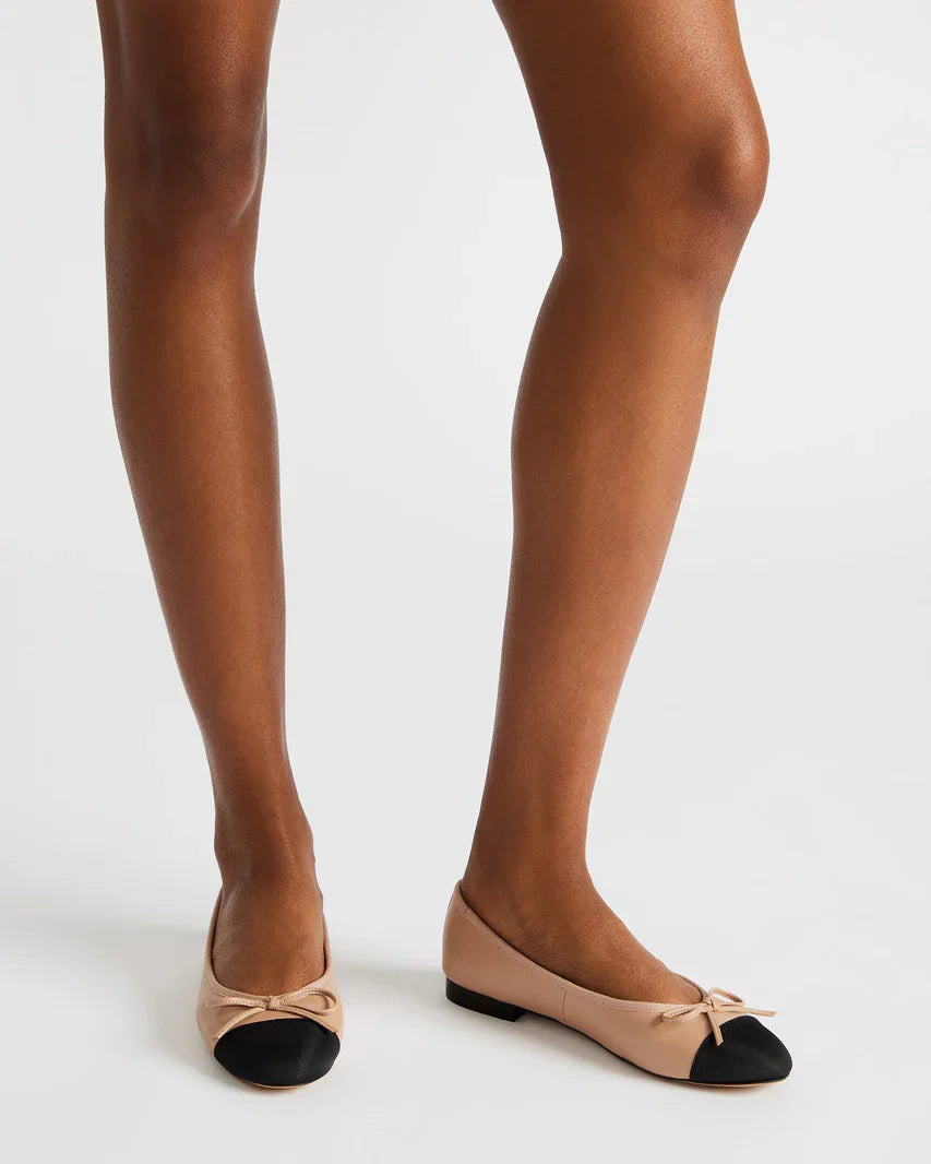 Beige and Black Ballet Flats - Womens Cap Toe Classy Ballet Flats