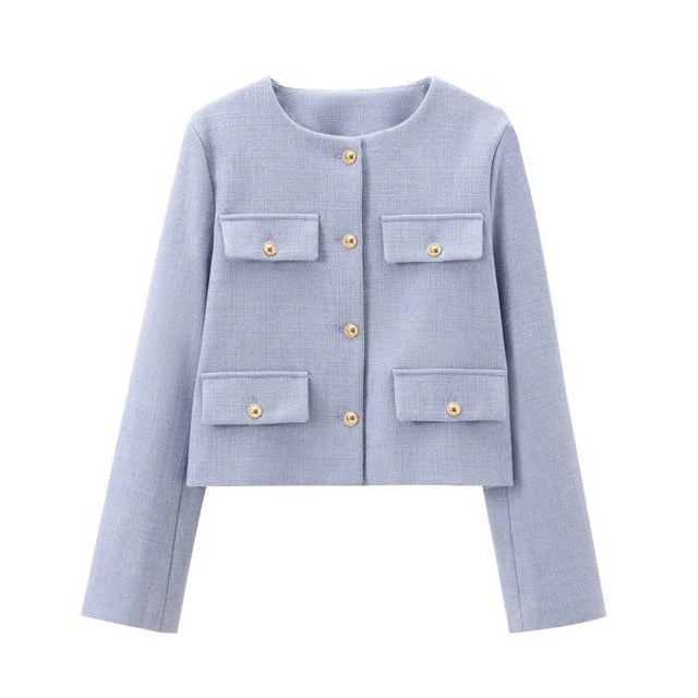 Short Wool Coat - Womens Buttoned Long Sleeved Wool Short Suit Coat 