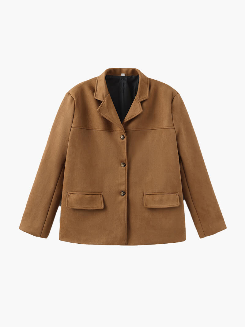 Suede Jacket - Women’s Buttoned Notched Collar Faux Suede Jacket