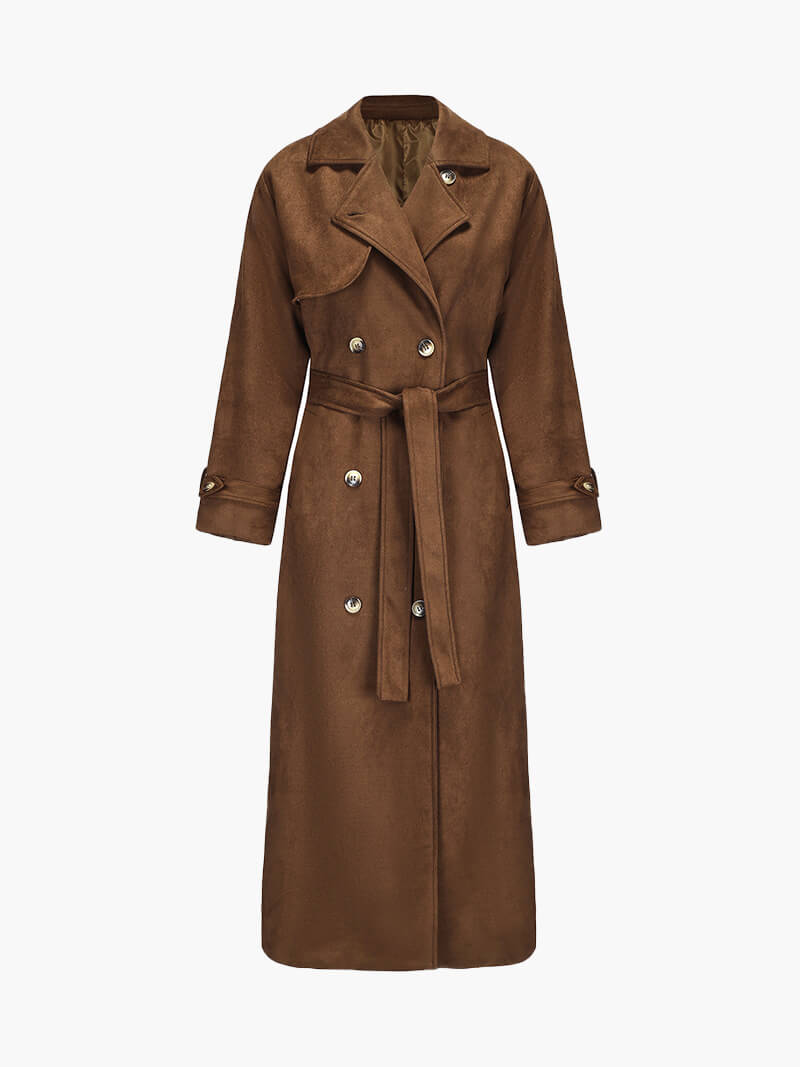 Vivienne Faux Suede Trench coat with double-breasted front and adjustable waist belt.