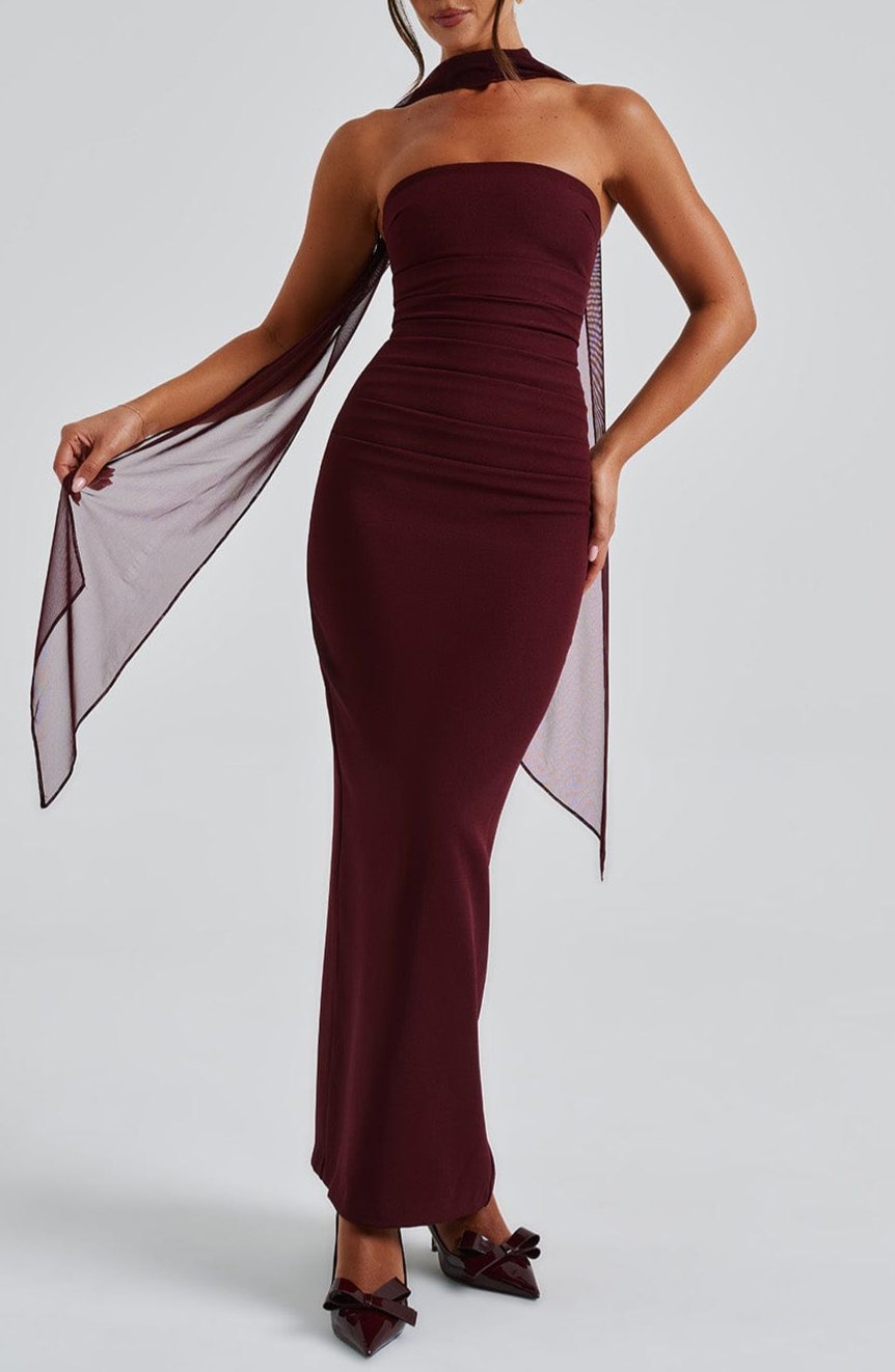 Strapless Maxi Dress with ruched bodice and high side slit in burgundy.