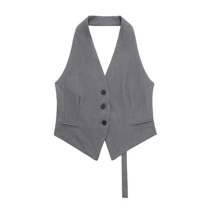 Modern Diana Halter Vest with three-button front and backless design.