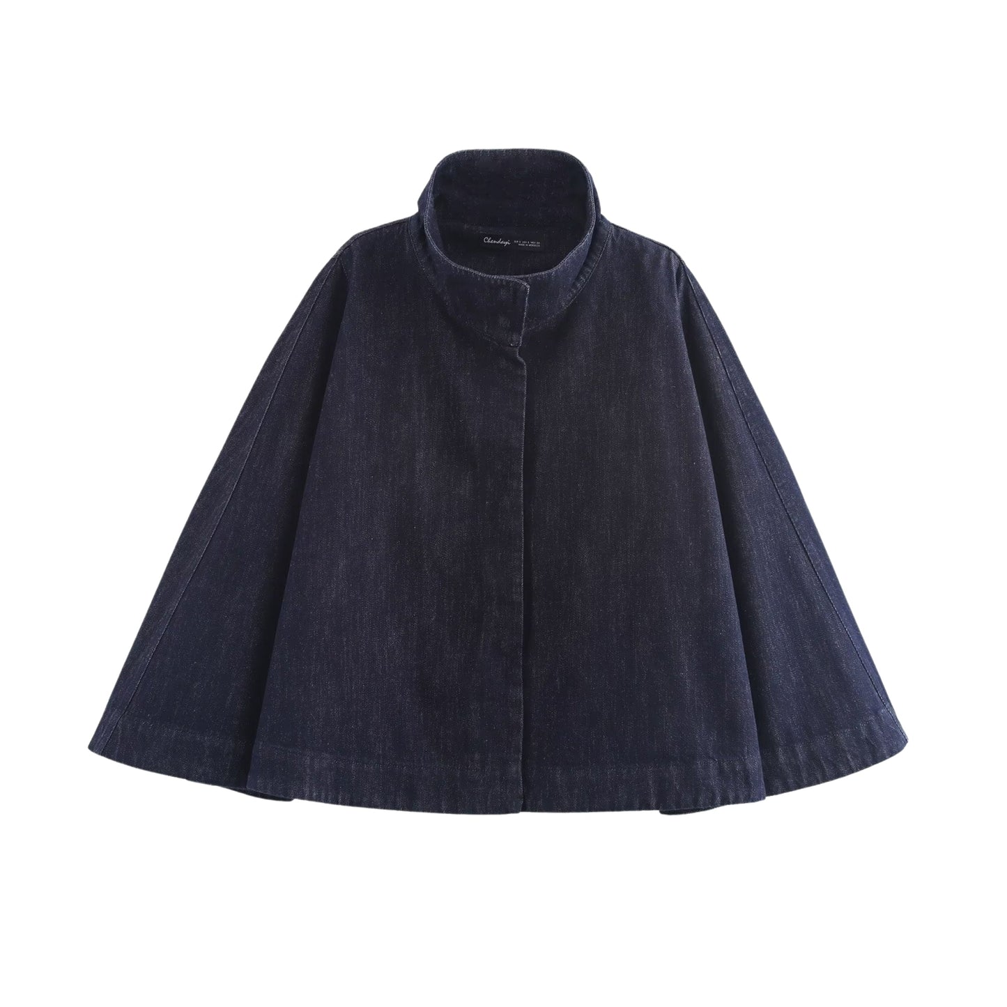 Elena loose blue denim cape coat with a modern silhouette and raw edges.