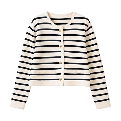 Knitted striped cardigan with gold-toned buttons and round neckline.