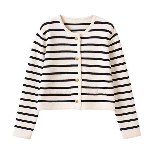 Knitted striped cardigan with gold-toned buttons and round neckline.