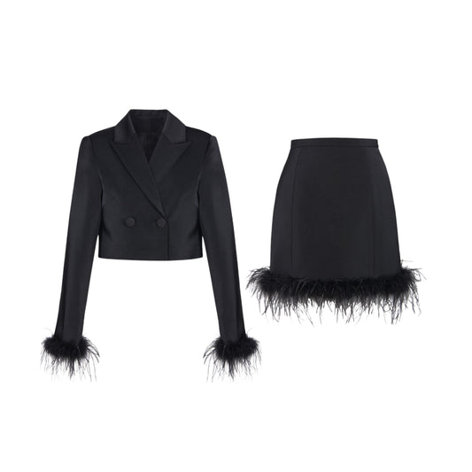 Whitney Feather Trim Cropped Blazer & Mini Skirt Set
