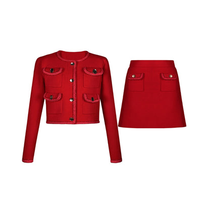 Bonnie Ribbed Buttoned Knit Jacket & Skirt Set