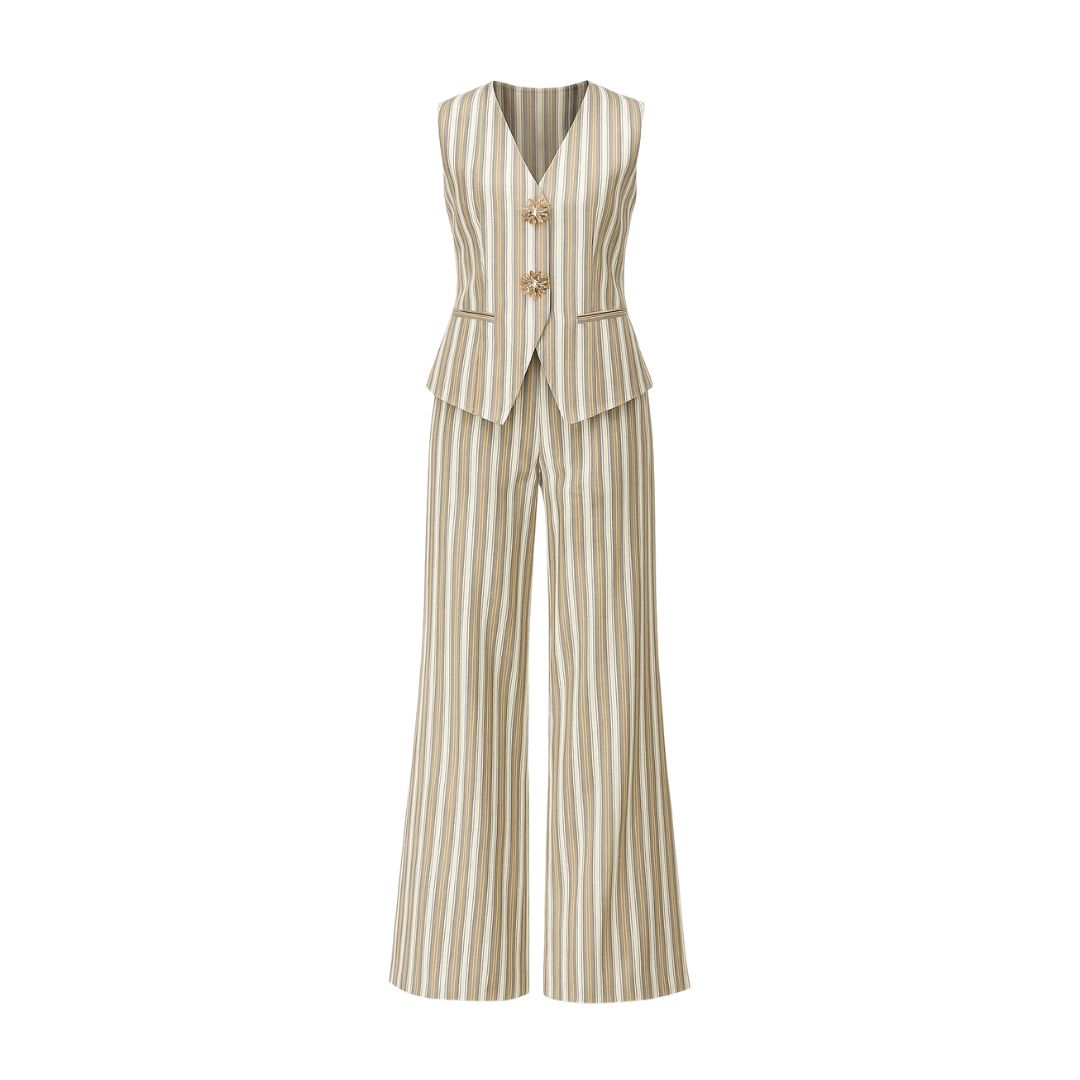 Melika Striped Buttoned Vest And Pant Set