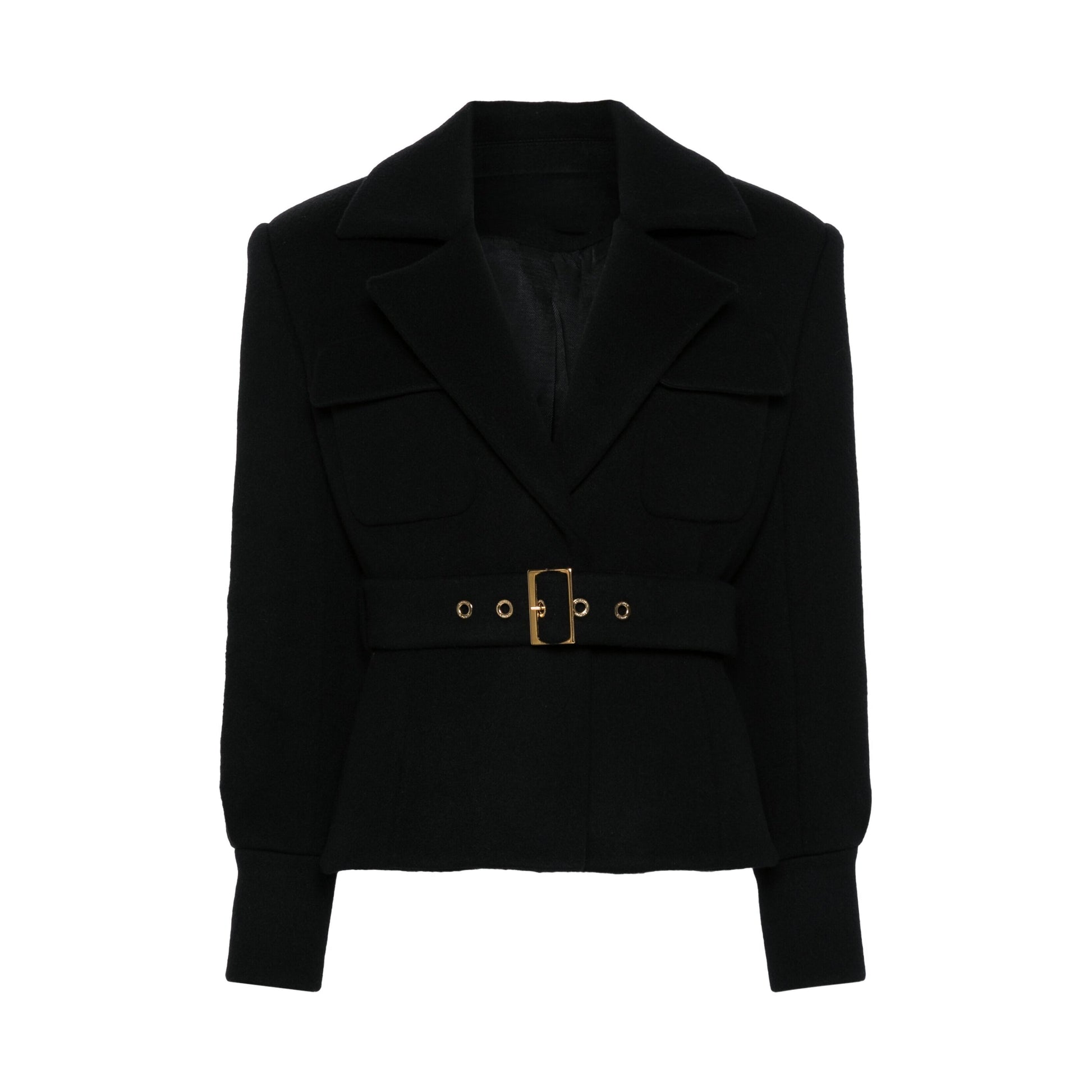 Belted Jacket - Women’s Notched-Lapel Belted Jacket with Gold Buckle