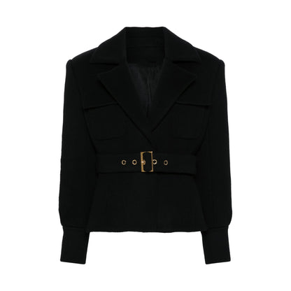 Belted Jacket - Women’s Notched-Lapel Belted Jacket with Gold Buckle