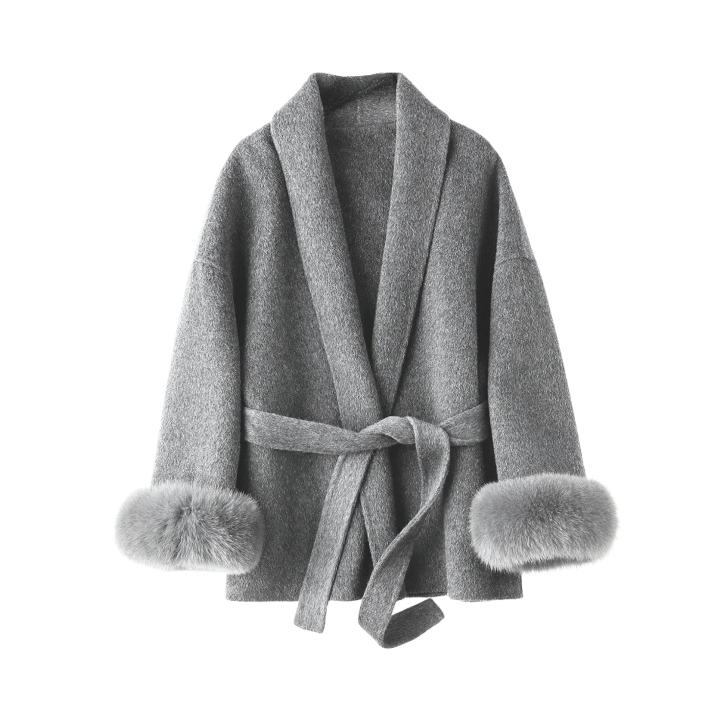 Nadine Wool Belted Coat with fur cuffs, elegant winter outerwear.