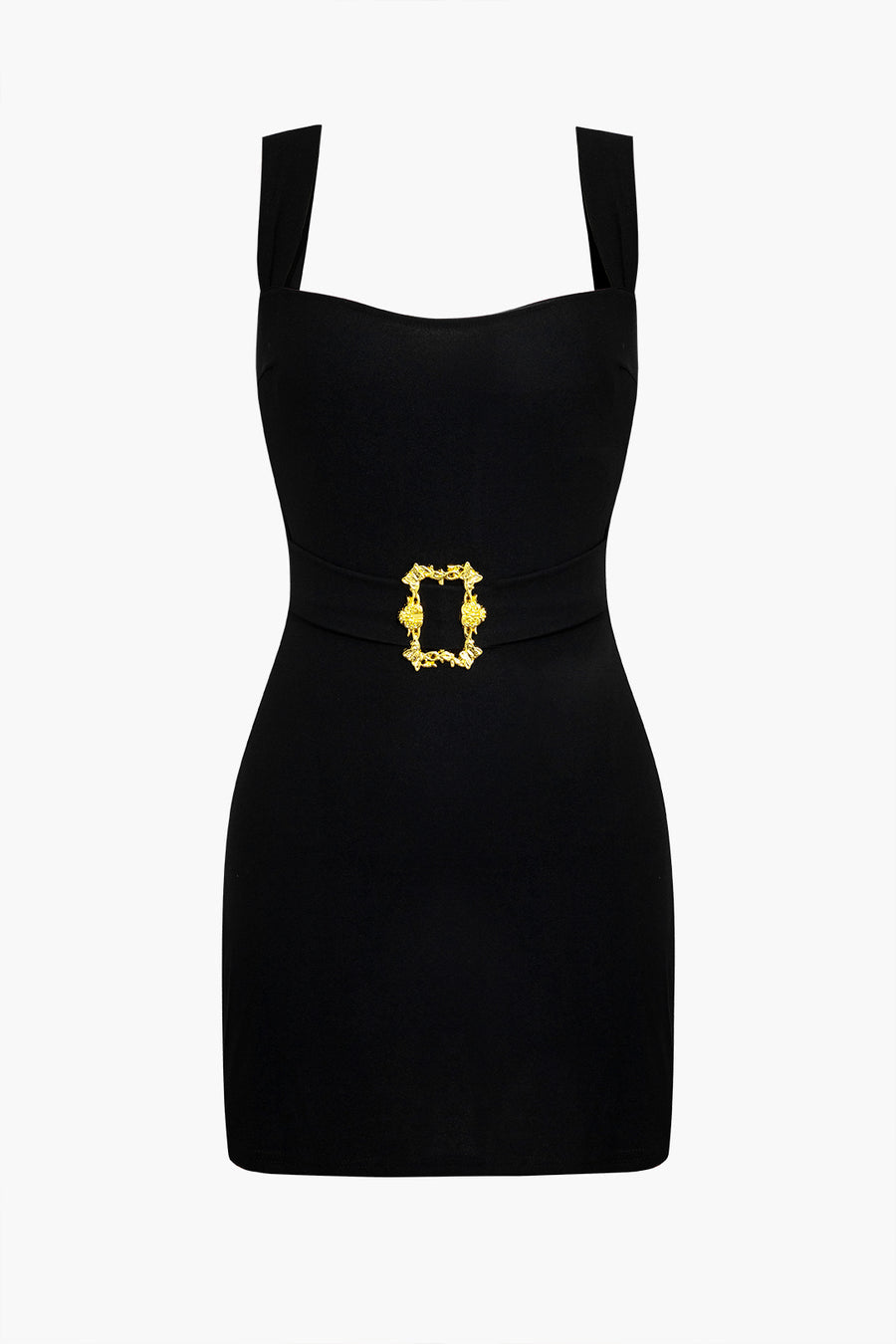 Victoria Square Neck Mini Dress with structured neckline and gold accent buckle.