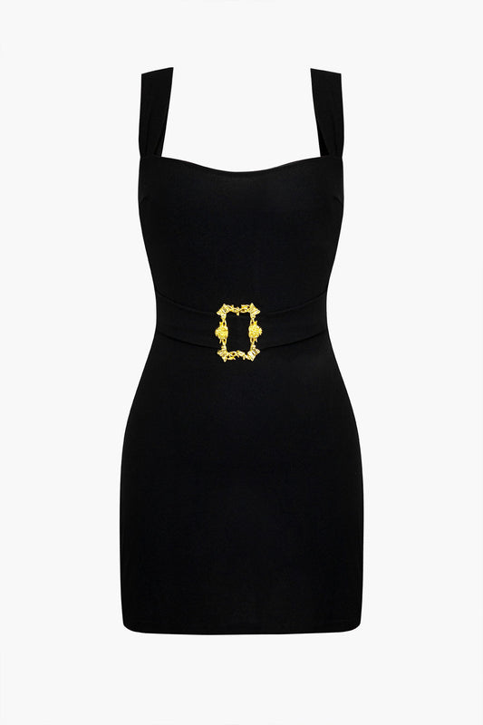 Victoria Square Neck Mini Dress with structured neckline and gold accent buckle.