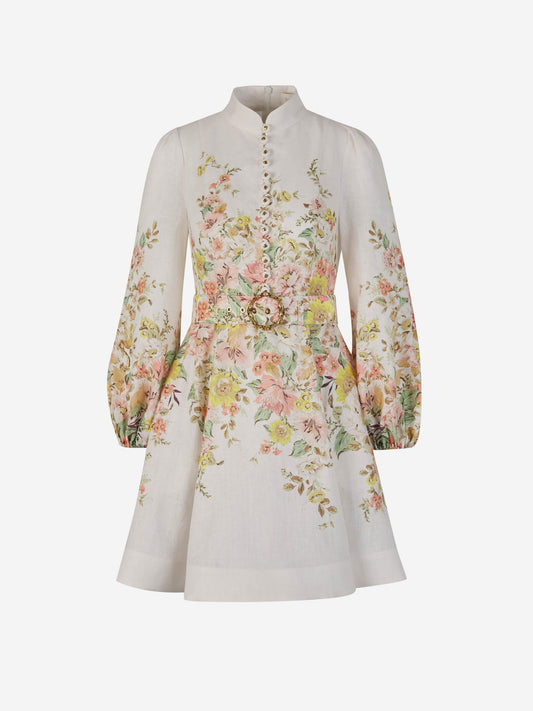 Claire High Collar Dress with floral design, elegant silhouette, and tailored fit.