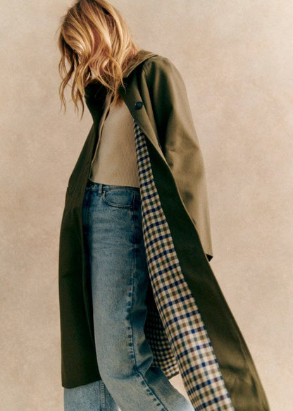 Oversized Trench Coat - Women’s Long Button-Up Plaid Lined Trench Coat