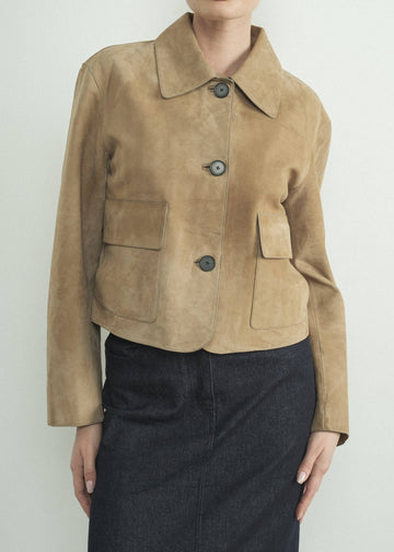 Suede Jacket - Women’s Short Beige Button Long Sleeve Suede Jacket