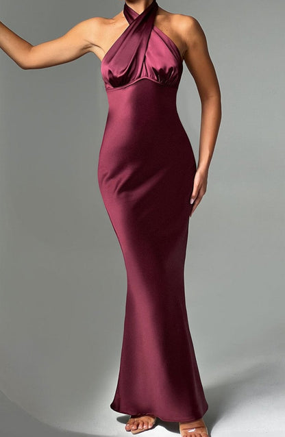 Burgundy Maxi Dress - Women's Backless Halter Satin Formal Holiday Dress