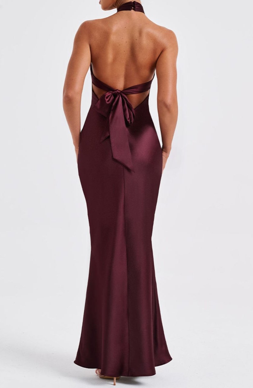 Burgundy Maxi Dress - Women's Backless Halter Satin Formal Holiday Dress