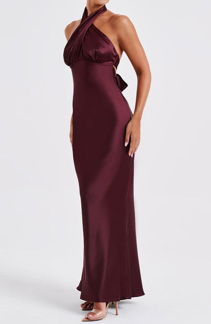 Burgundy Maxi Dress - Women's Backless Halter Satin Formal Holiday Dress