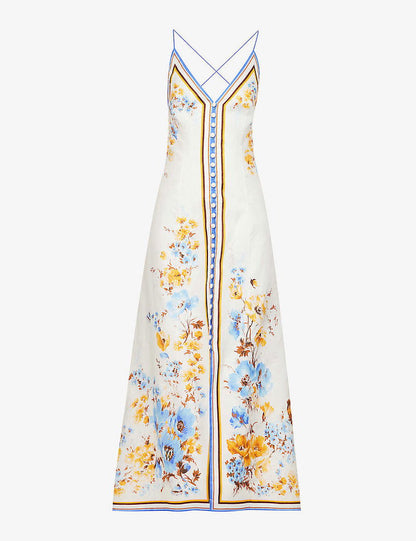 Mae Floral V-Neck Dress with blue and yellow floral pattern, featuring adjustable straps and a knee-length cut.