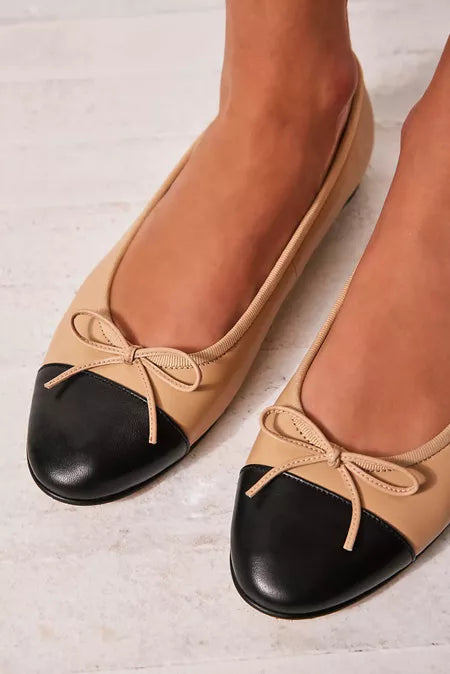 Beige and Black Ballet Flats - Womens Cap Toe Classy Ballet Flats