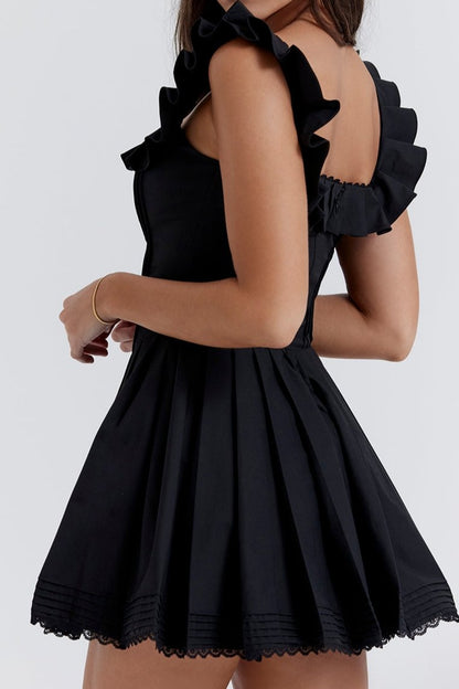 Ruffle Mini Dress - Womens Sleeveless Straight Neckline Fit and Flare