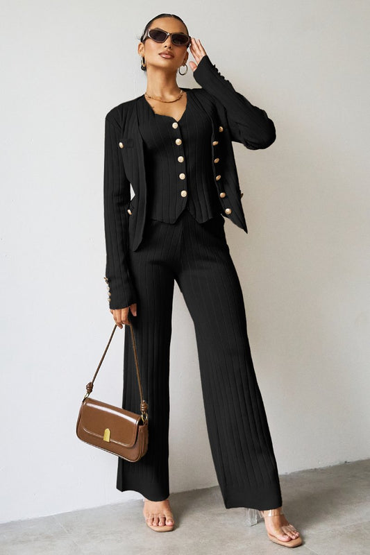 Harper 3 Piece Co Ord Set with blazer, vest, and high-waisted trousers in ribbed fabric.