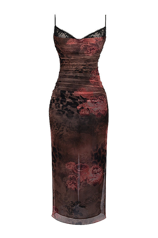 Reese Floral Mesh Dress with earthy tones and romantic floral patterns.