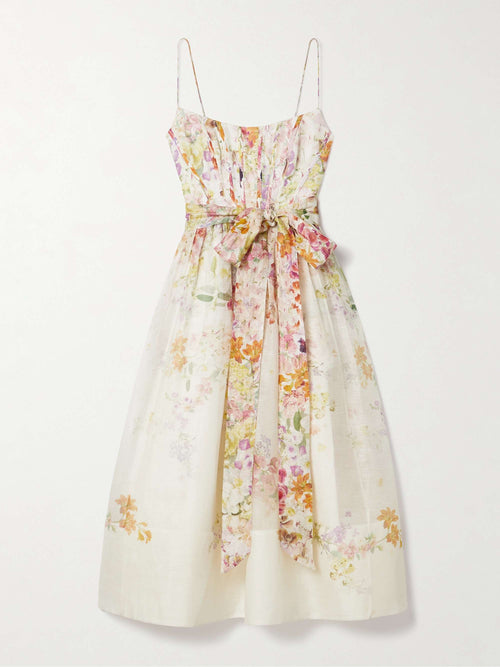 Lilia Floral Summer Dress with pastel floral print and sheer overlay.