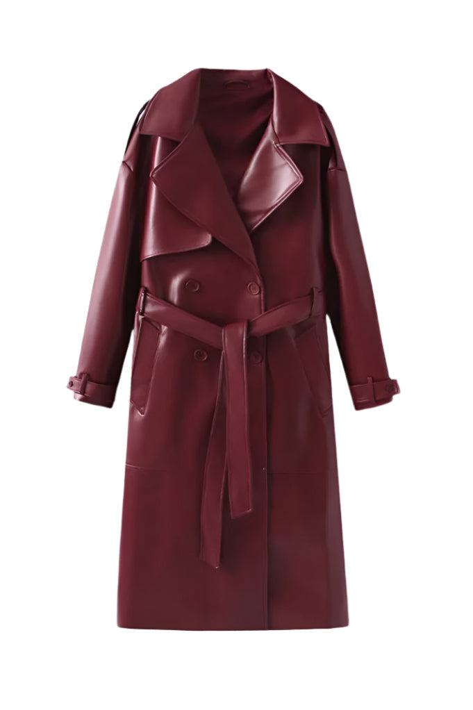 Faux Leather Trench Coat - Women’s Belted Double-Breasted Faux Leather Coat