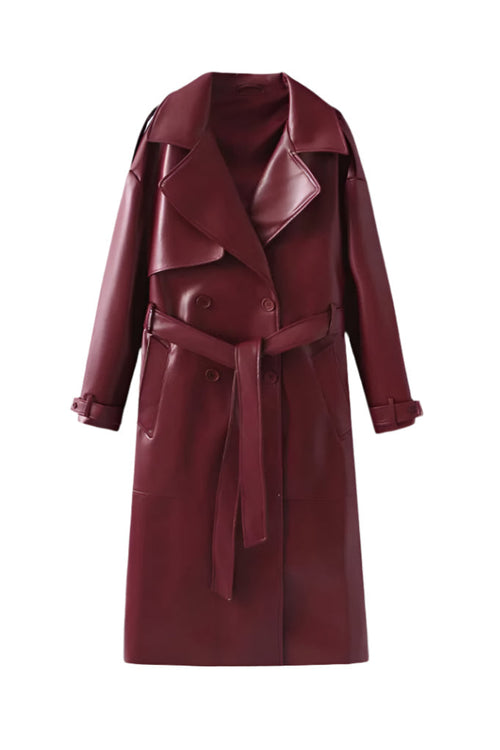 Faux Leather Trench Coat - Women’s Belted Double-Breasted Faux Leather Coat