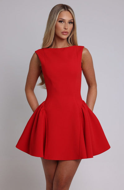 Red Selene Holiday Mini Dress with fitted bodice and flowy skirt.